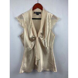 Susan Lucci Medium Satin Beige Blouse With Tie Front & Cap Sleeves